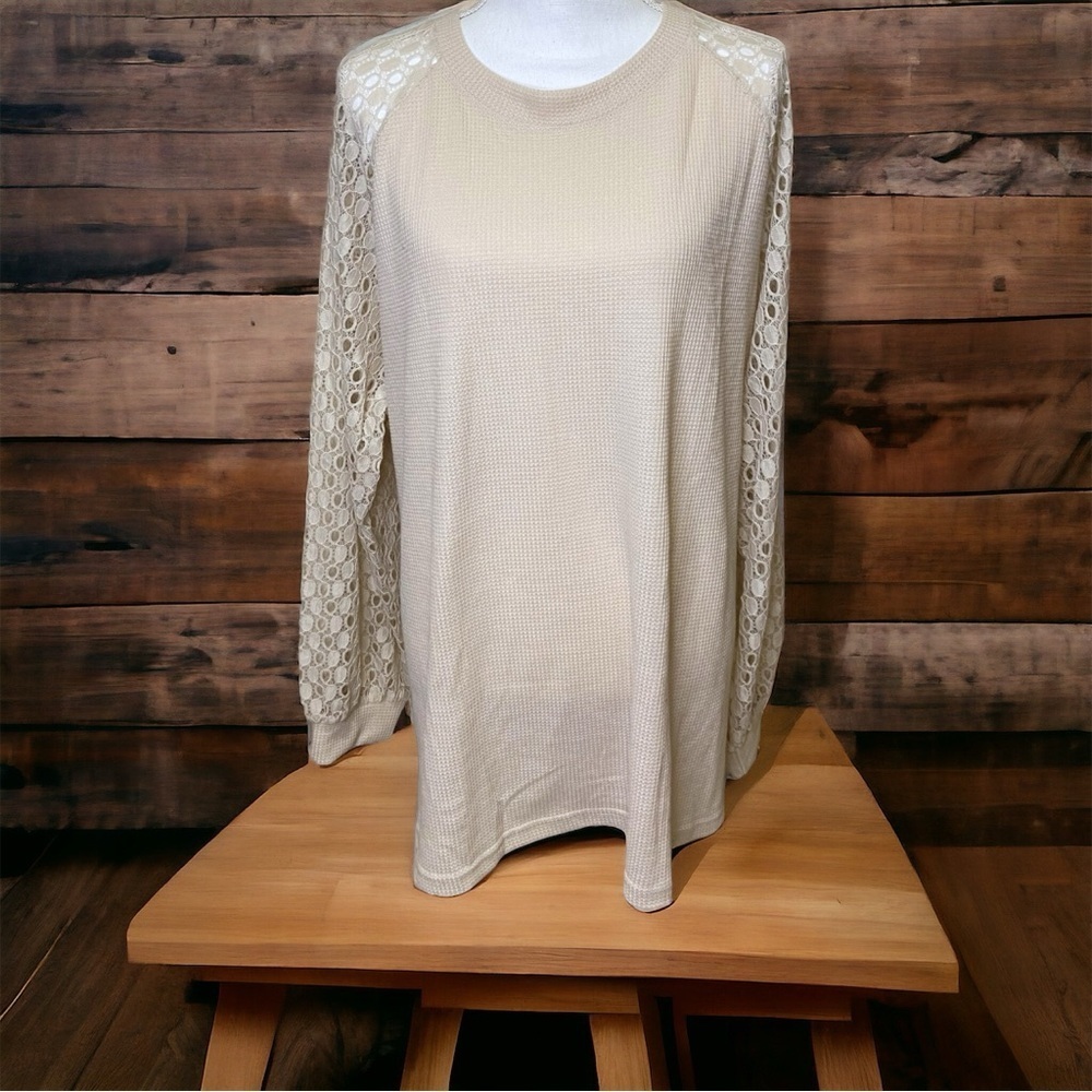 Oatmeal Waffle Knit Crochet Long Sleeve Top